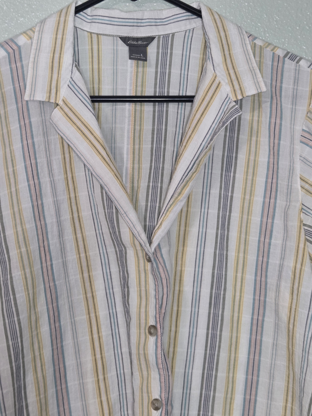 Eddie Bauer Striped Button-Down Short Sleeve Top in White, Yellow & Gray - Picture 3 of 9